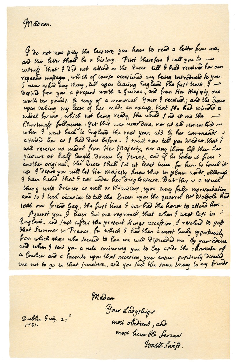 Letter from Jonathan Swift to Henrietta Howard, 21st November 1730 by Jonathan Swift