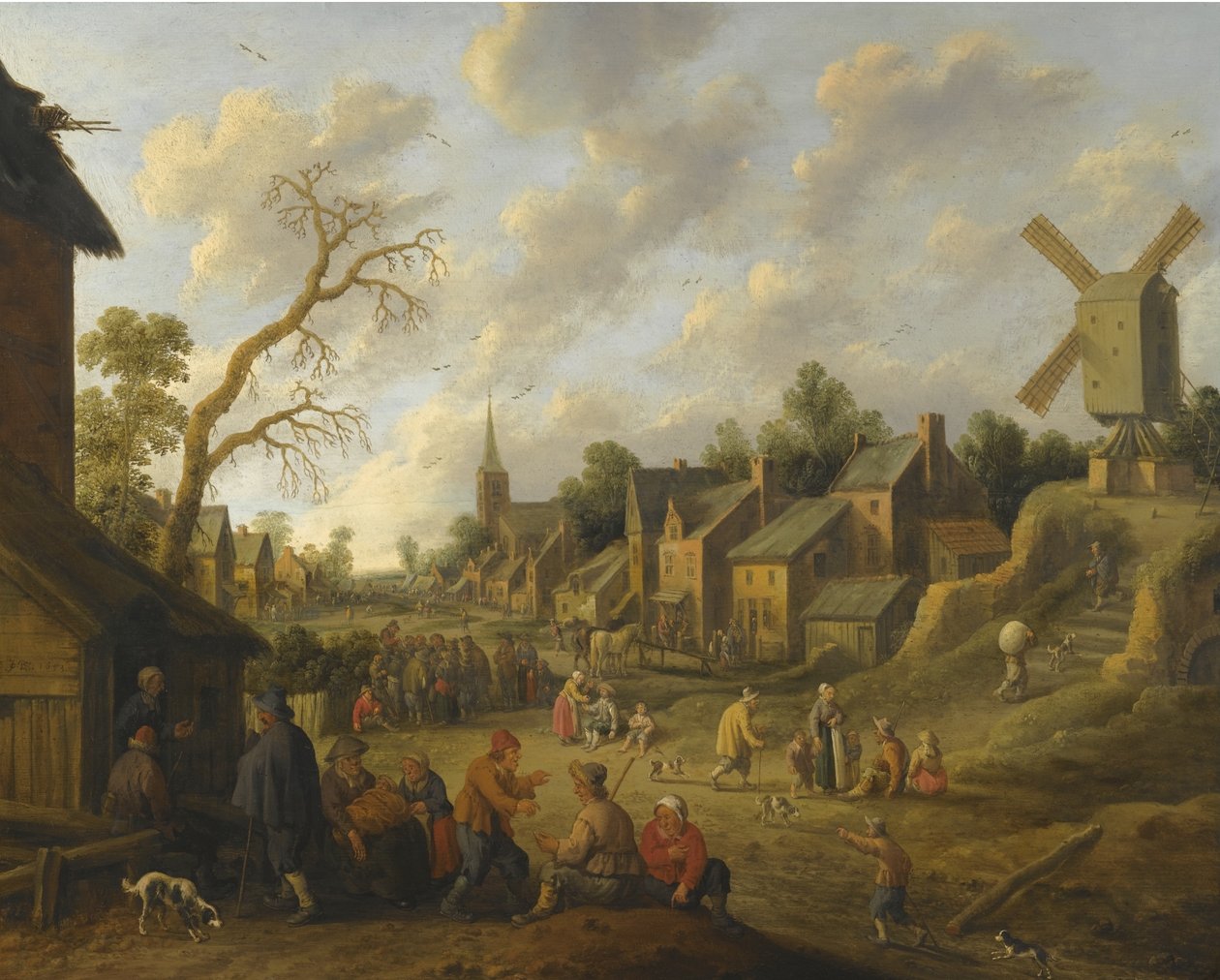 A Wide Street Through a Village Filled with Numerous Figures and Overlooked by a Windmill by Joost Cornelisz Droochsloot