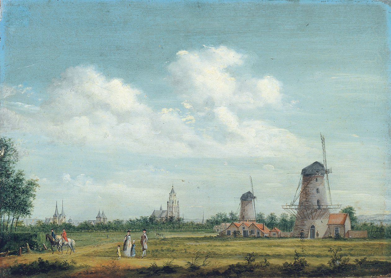 A View of Arnhem with the St. Walburgskerk on the Left and the Grote Kerk on the Right, Elegant Townsfolk Promenading Nearby, 1776 by Jordanus Hoorn