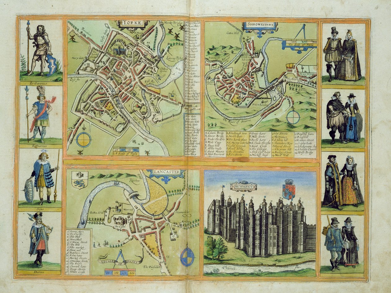 Maps of York, Shrewsbury, Lancaster, and Richmond, from 