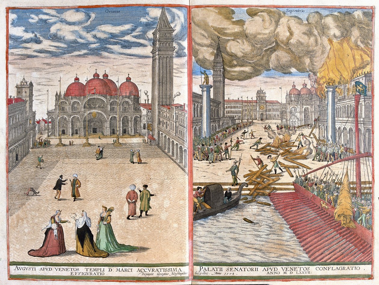 Venice, Italy: church of St Mark and the fire at the Venetian Doge