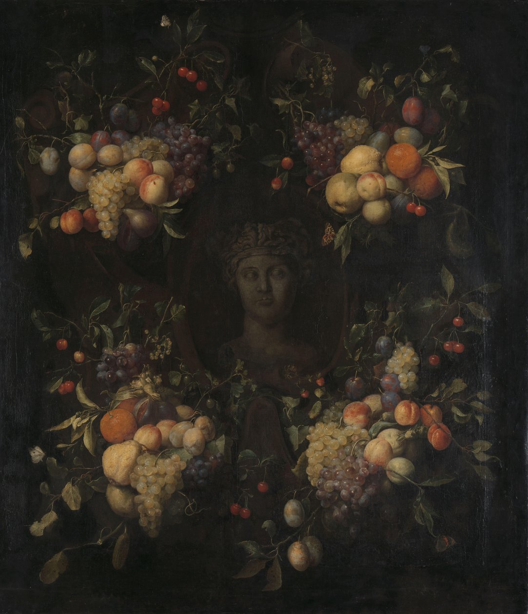 Simulated Sculpted Head of a Woman in a Cartouche Decorated with Swags of Fruit by Joris van Son