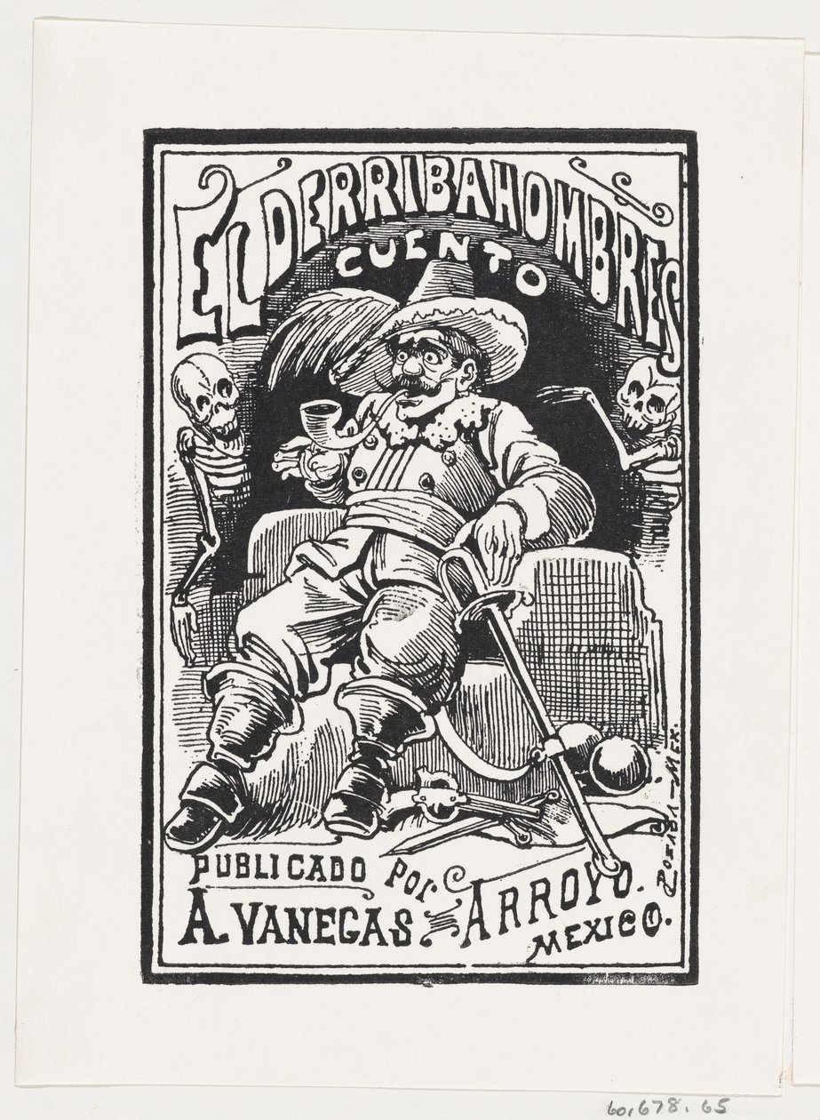 A Man with Weapons and a Pipe in His Mouth Flanked by Two Skeletons, Illustration, ca. 1880-1910 by José Guadalupe Posada