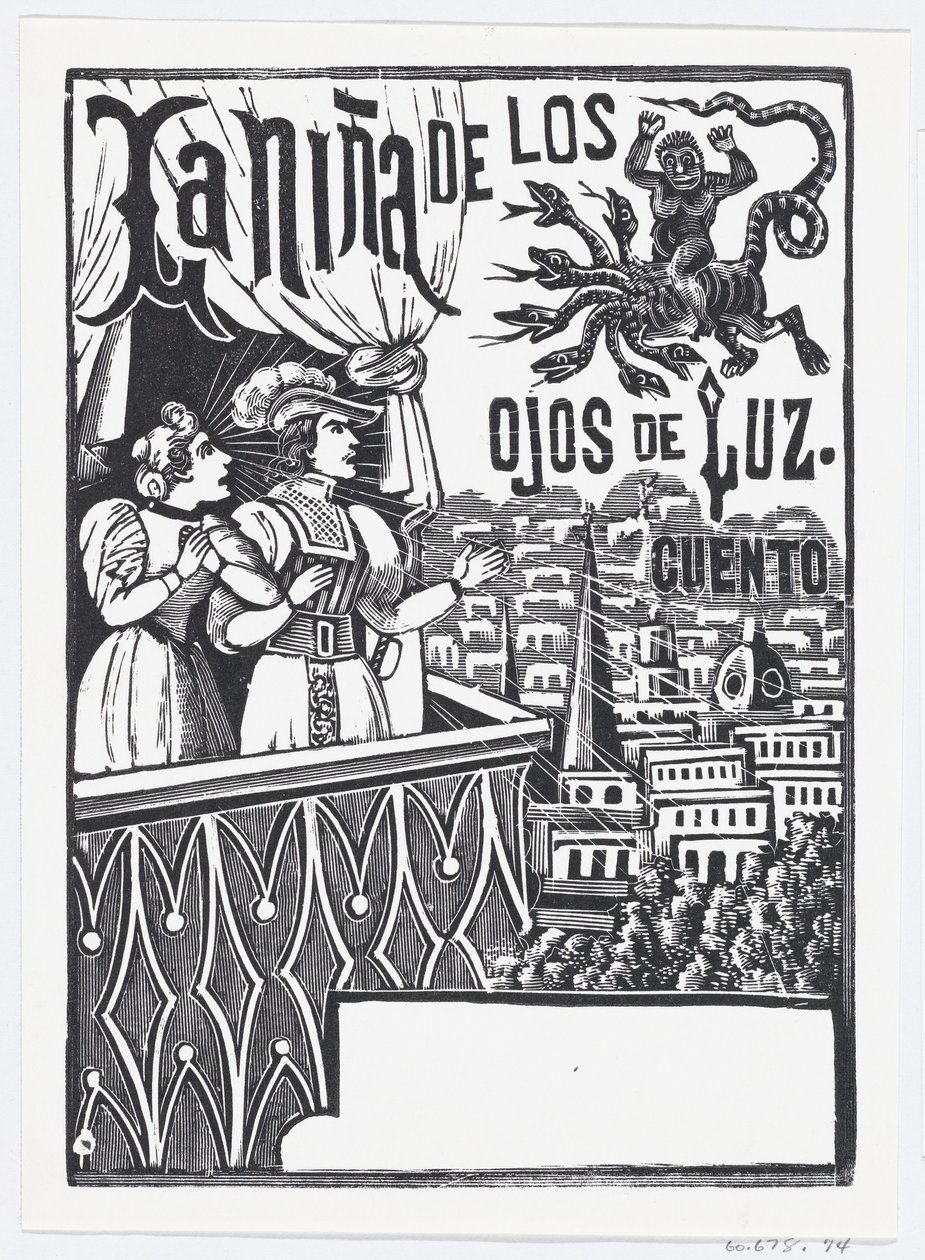 A woman and a man standing on a balcony looking up at a flying monster in the sky by José Guadalupe Posada