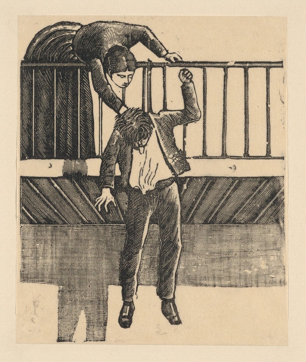 A woman discovering a man who has committed suicide by hanging himself from a balcony by José Guadalupe Posada