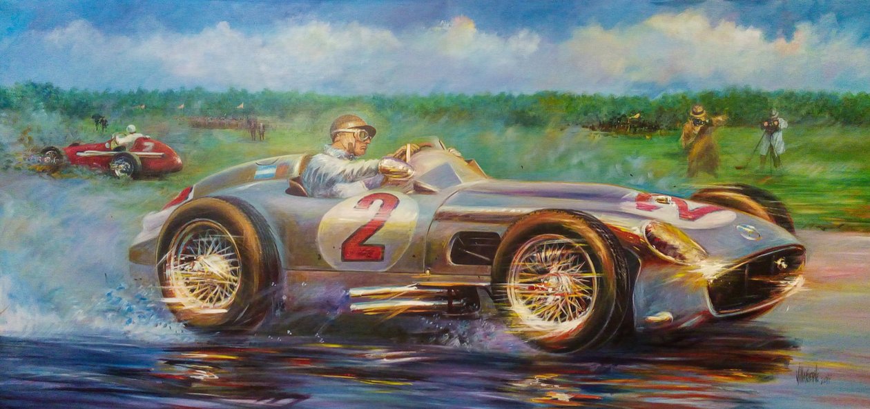 Juan Manuel Fangio, Gran Premio Ciudad de Buenos Aires 1955, Argentina, Mercedes Benz 196 W. (acrylic on canvas) by Jose Maria Villafuerte