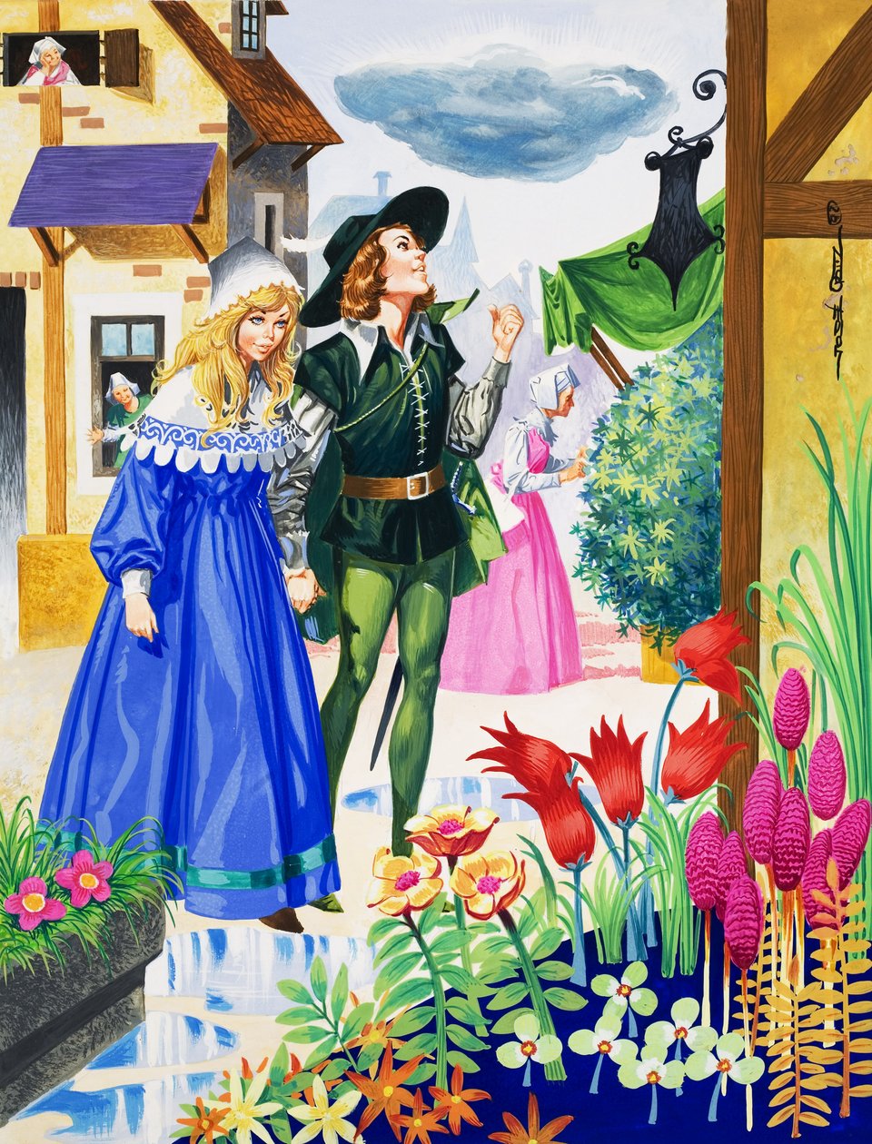 Couple Admiring Flowers by Jose Ortiz