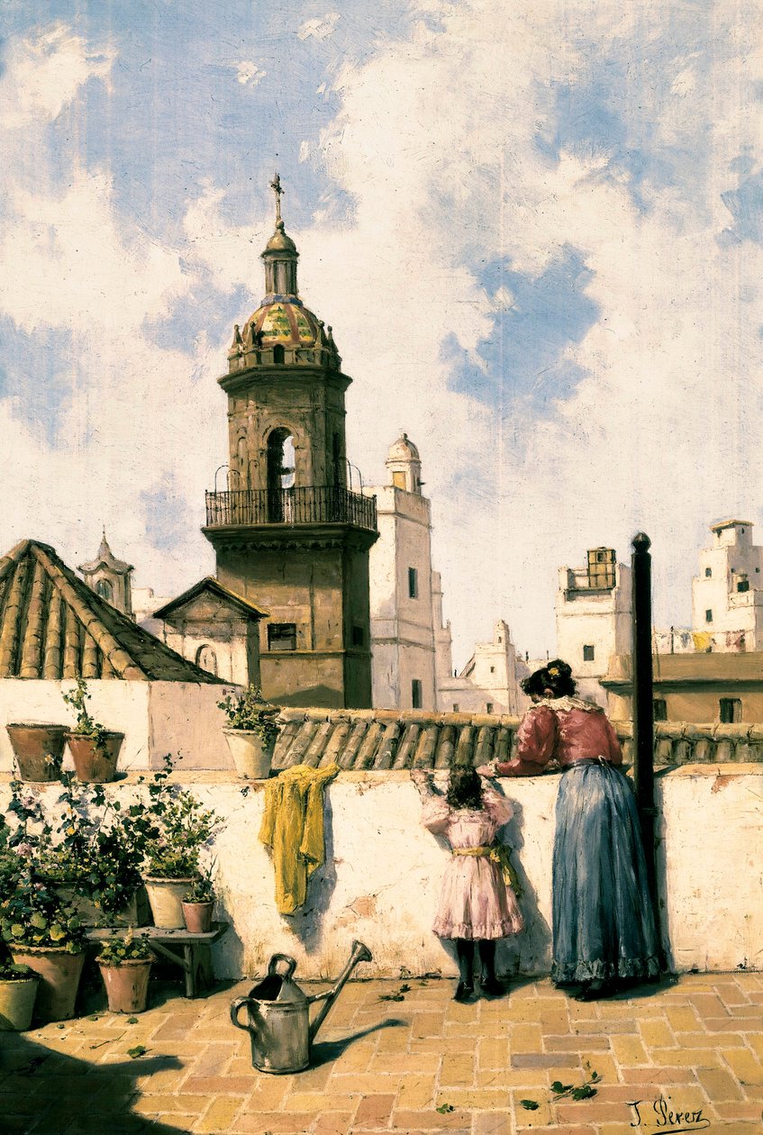 Roof terrace in Cadiz. A mother and daughter probably watering the plants with the watering can in the middle of the terrace. Painting by Jose Perez Siguimboscum (19th century), late 19th century. Cadiz, Museo Provincial de Cadiz. by Jose Perez Siguimboscum