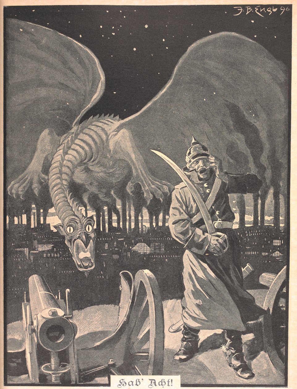 Drawing for the poem "Like Night". A dragon being produced by the smoke from factories, behind a German soldier. A surreal scene. by Josef Benedikt engl