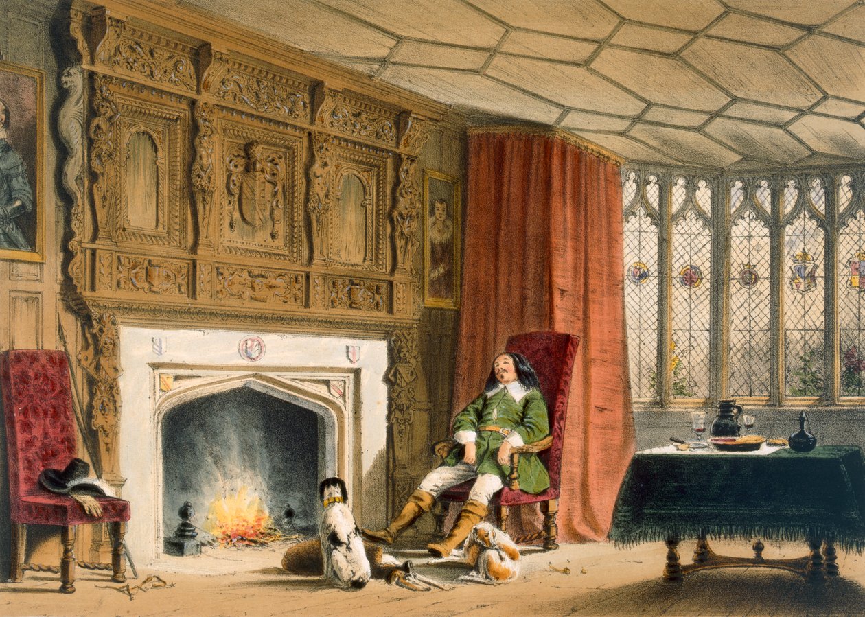 Squire with his dogs by the hearth, Southam Delabere, Gloucestershire, from 