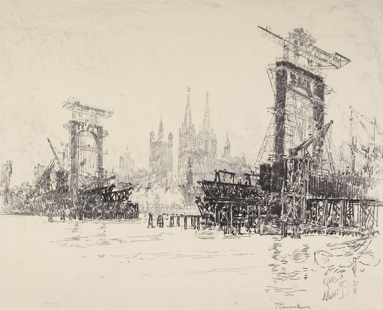 Building the Bridge at Cologne by Joseph Pennell