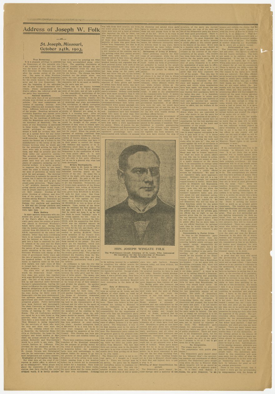 Address of Joseph W. Folk, St. Joseph, Mo., Candidate for Missouri Governorship, October 24, 1903 by Joseph Wingate Folk