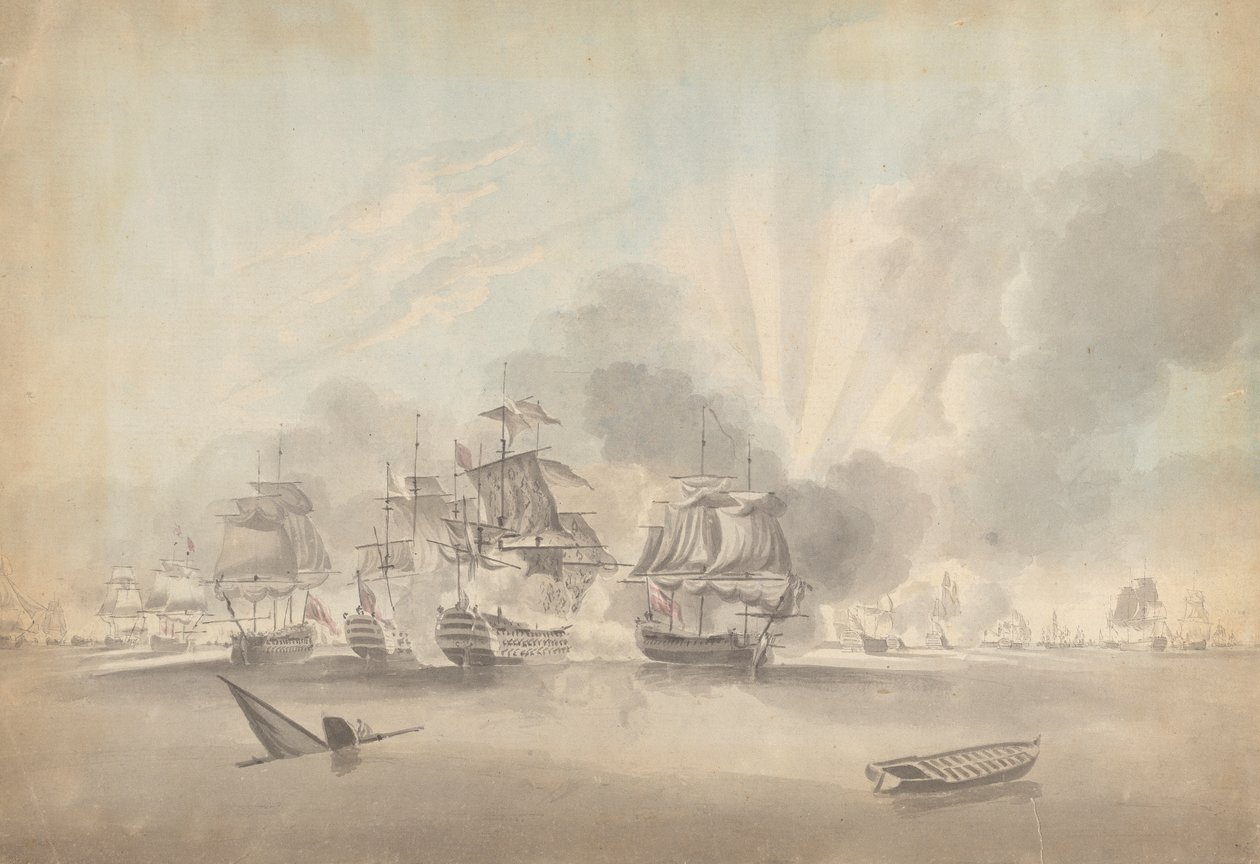 Battle Scene: Battleships, Frigates and Corvettes; Sinking Boat and Rowboat by Joseph Cartwright
