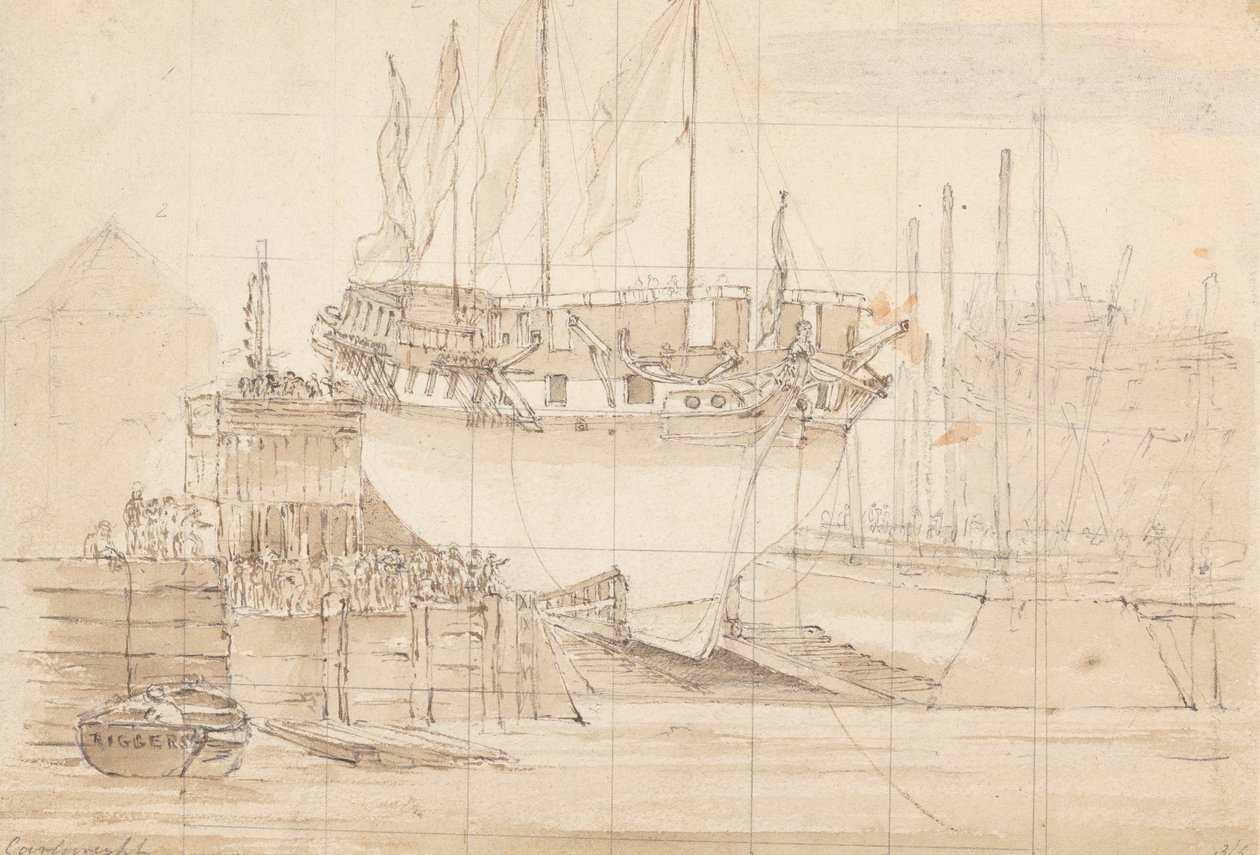 Sailing Vessel in Dock, Bow Forward: Squared for Tracing by Joseph Cartwright