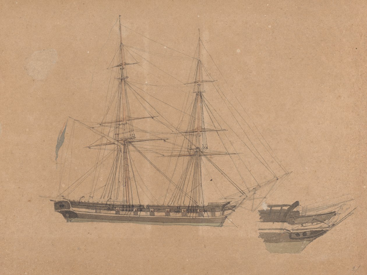 Side View of Single Brig and Bow of Another by Joseph Cartwright