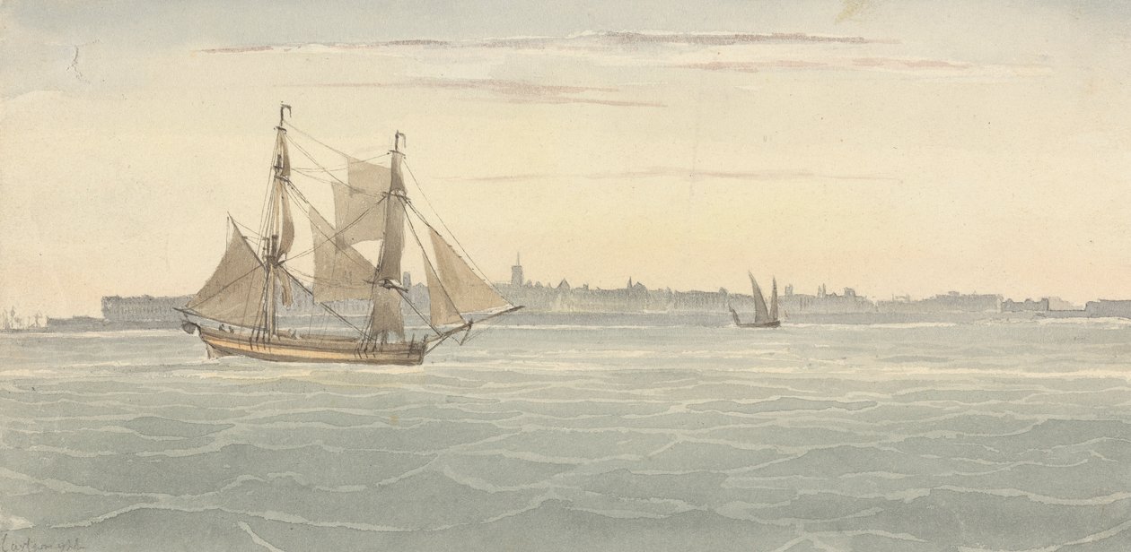 Single Brig (?) Another Sailing Vessel Against Outline of City on Background by Joseph Cartwright
