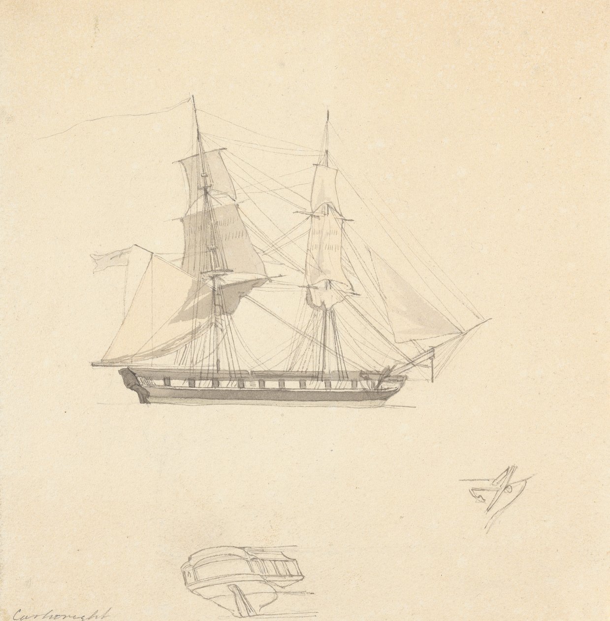 Single Brig; Sketches of Separate Stern and Rubber by Joseph Cartwright
