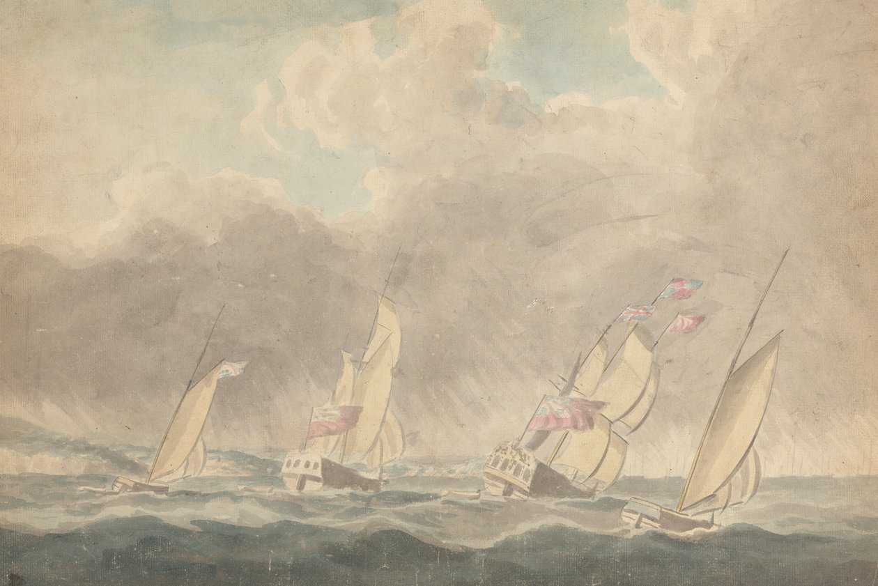 Two Sloops of War, One Barque and One Schooner in Heavy Seas; Several Sailing Vessels in Background by Joseph Cartwright