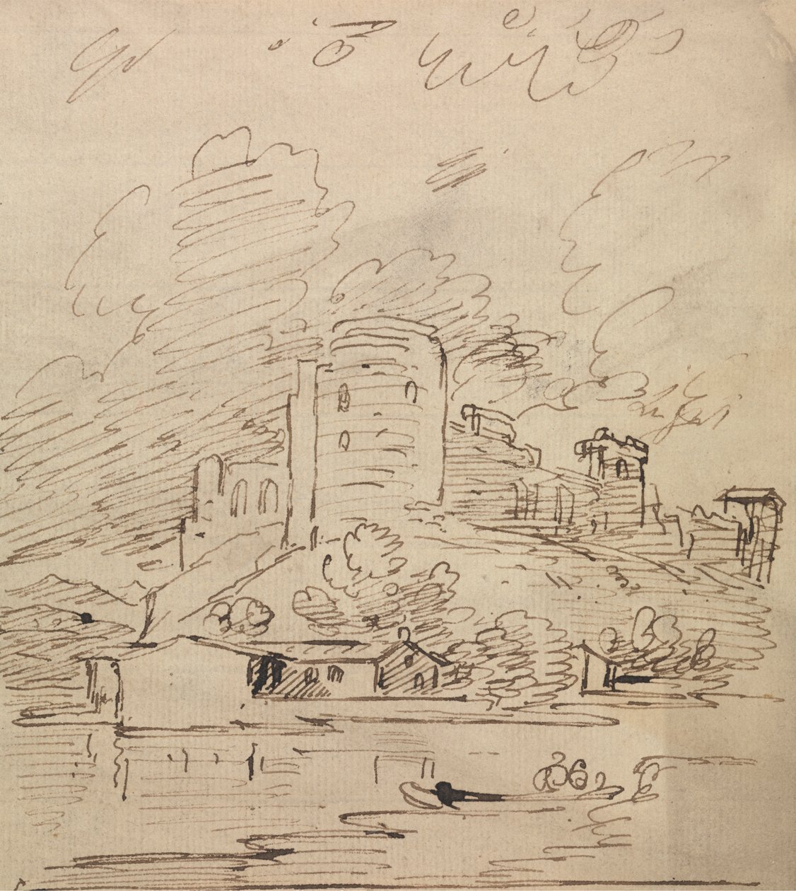 Castle with a Round Tower Above a River by Joseph Farington