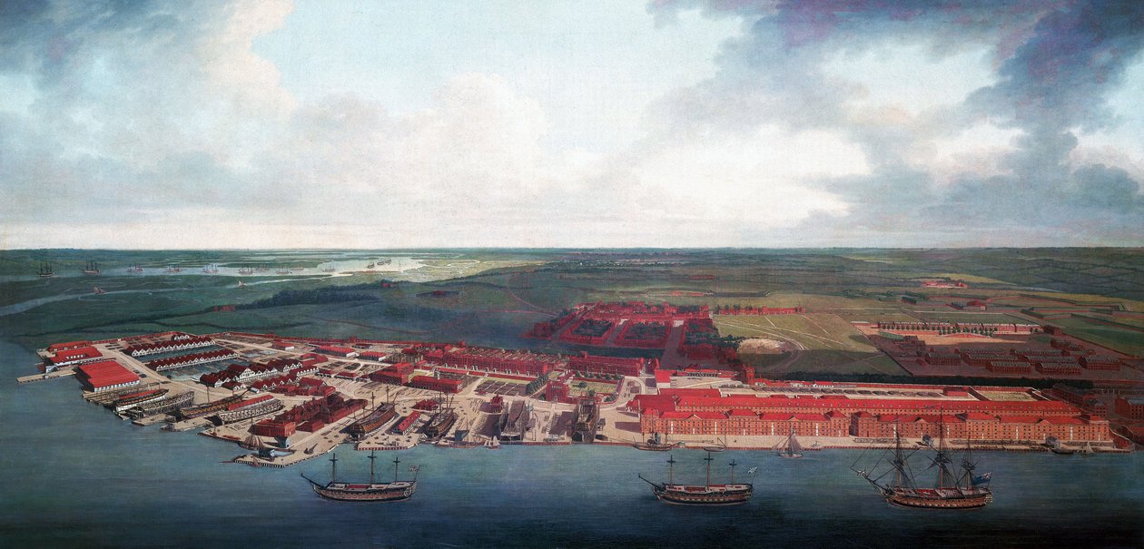 Chatham shipyard, the most important port of the British Royal Navy in the 17th century, and an important repair and maintenance center in the 18th century by Joseph Farington