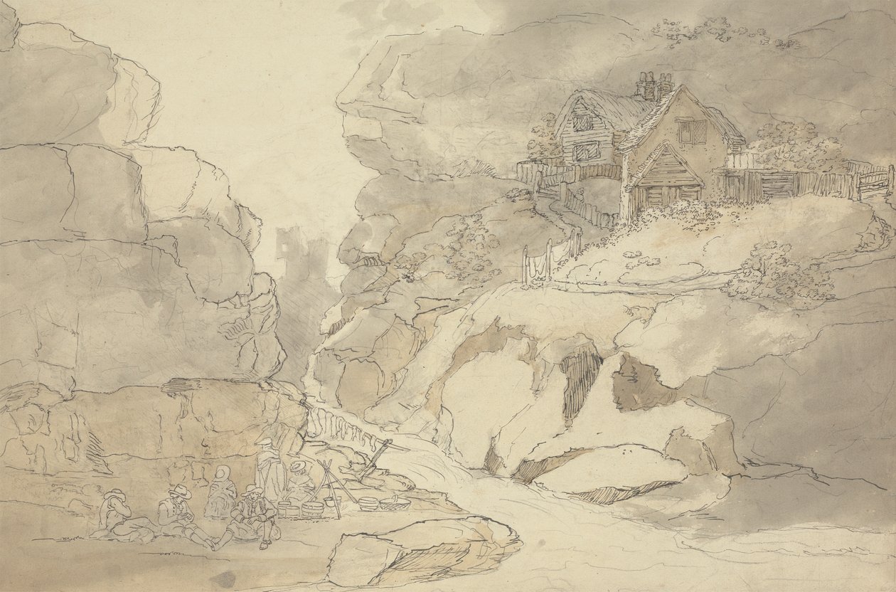 Rustics and Cottages by a River by Joseph Farington