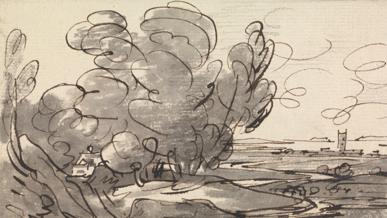 Trees with a Distant Church on the Right by Joseph Farington