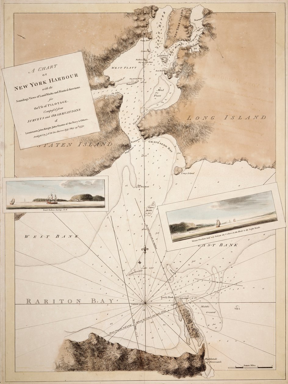 A chart of New York Harbour with the soundings views of land marks and nautical directions for the use of pilotage. Composed from surveys and observations of Lieutenants John Knight John Hunter of the Navy and others. by Joseph Frederick Wallet DesBarres