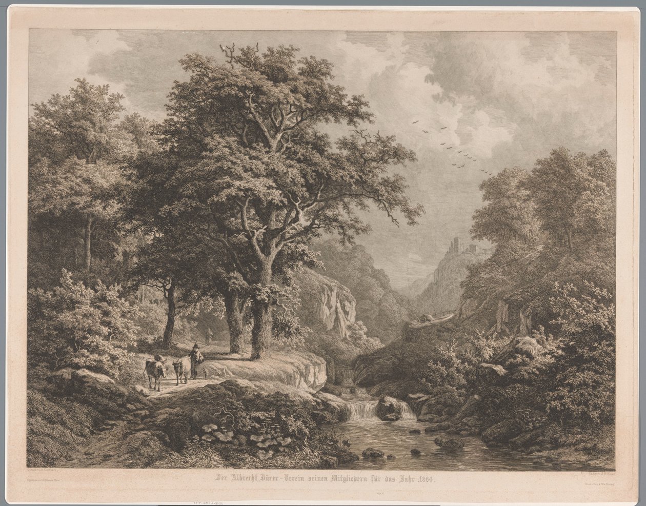 Mountainous Landscape with a Waterfall in the Middle, a Boy with Three Cows and a Dog on the Left by Joseph Hubert Blees