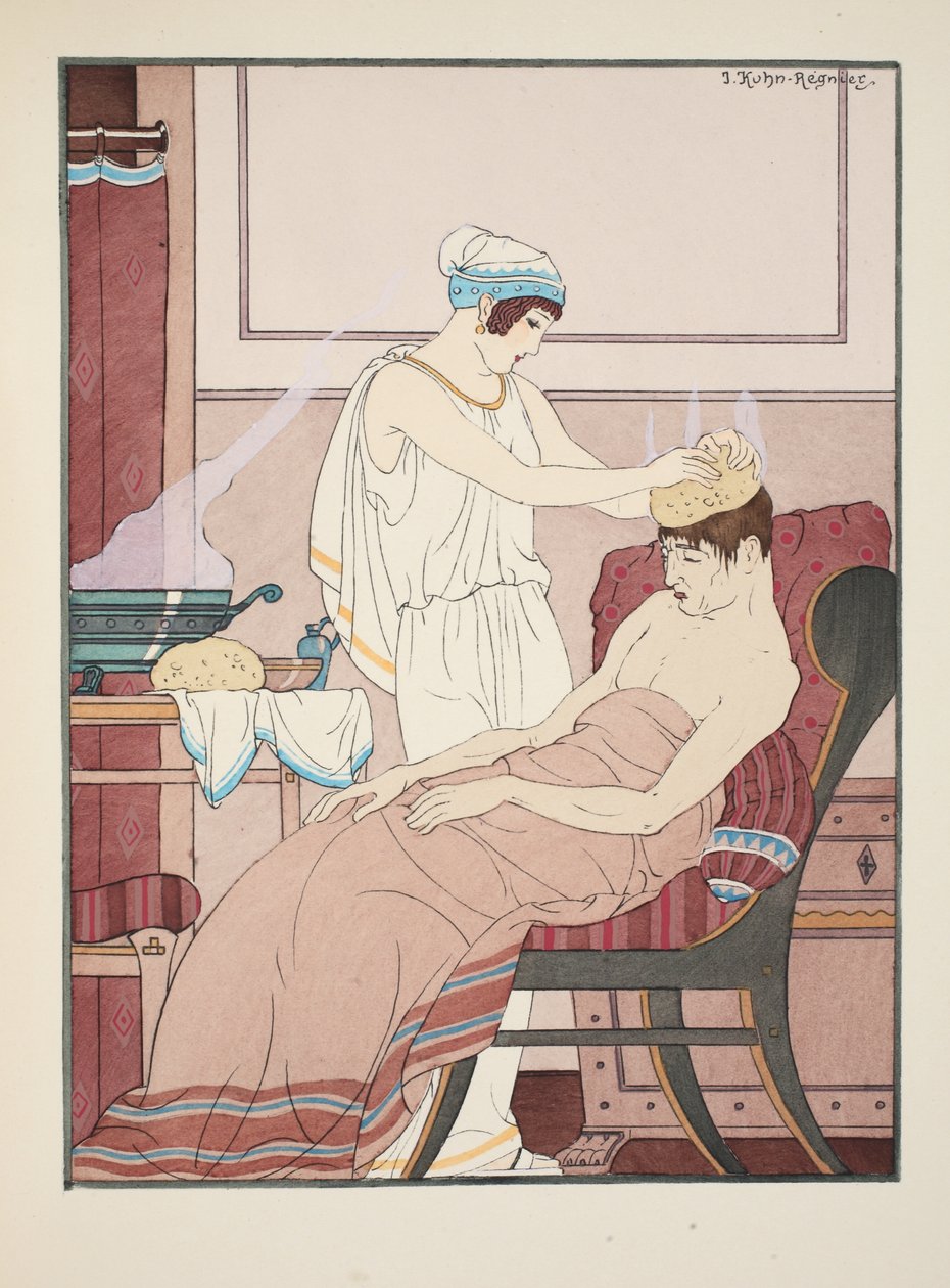 A sponge soaked in hot water is applied to the head, illustration from 