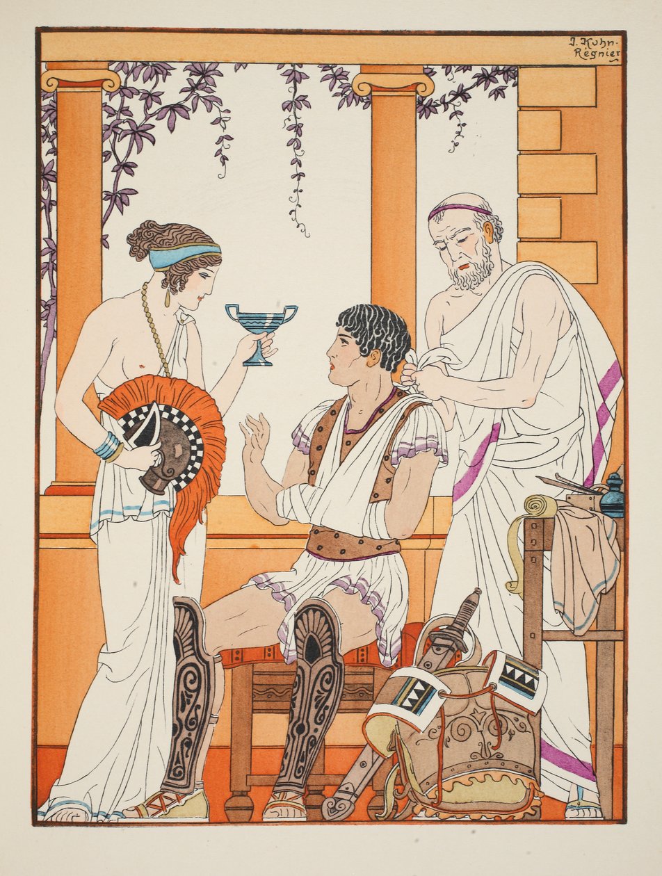 Wounded soldier with his arm in a sling, illustration from 