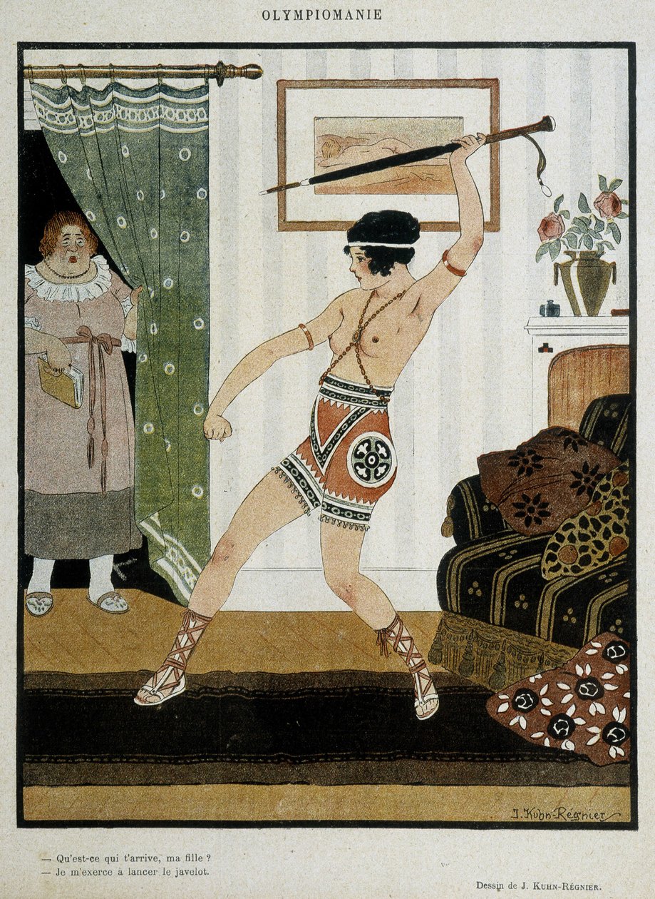 Young girl in antique costume training to throw javelin with an umbrella. Fantasy poster illustrating the enthusiasm of the Olympiads. Drawing by J. Kuhn Regnier around 1920 by Joseph Kuhn-Regnier