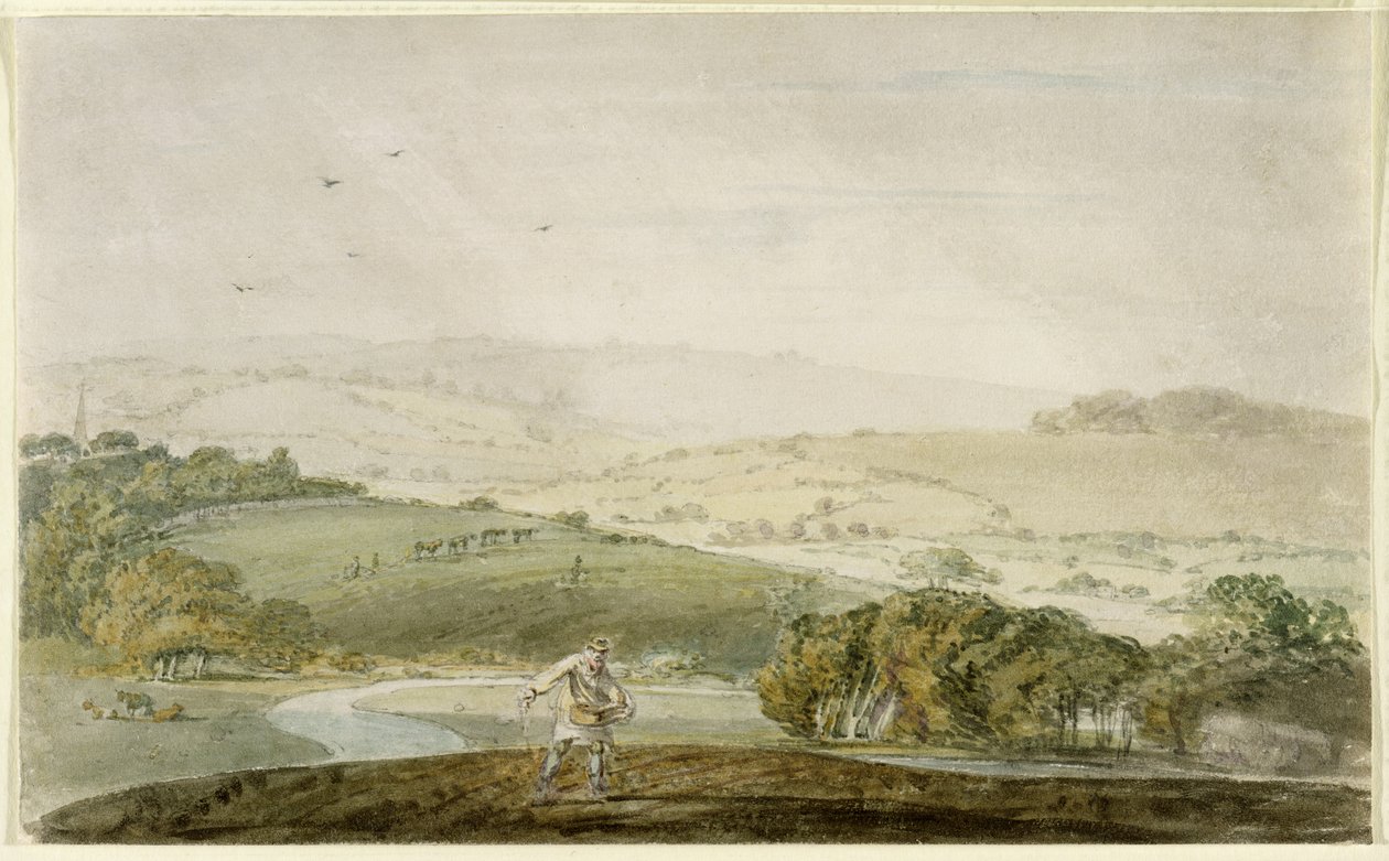 A Farmer Sowing, with a River Valley and Rolling Hills Beyond by Joseph Mallord William Turner