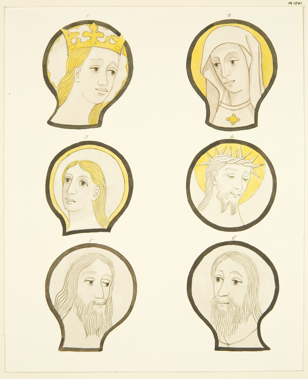Six heads in stained glass windows south of choir in Bristol Cathedral by Joseph Manning