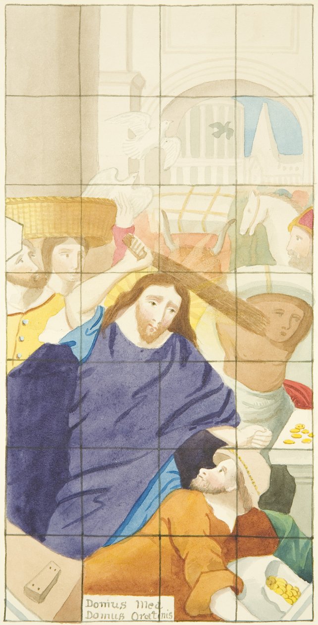 Stained glass window at east end of the south aisle of Bristol Cathedral showing buyers and sellers in the Temple by Joseph Manning