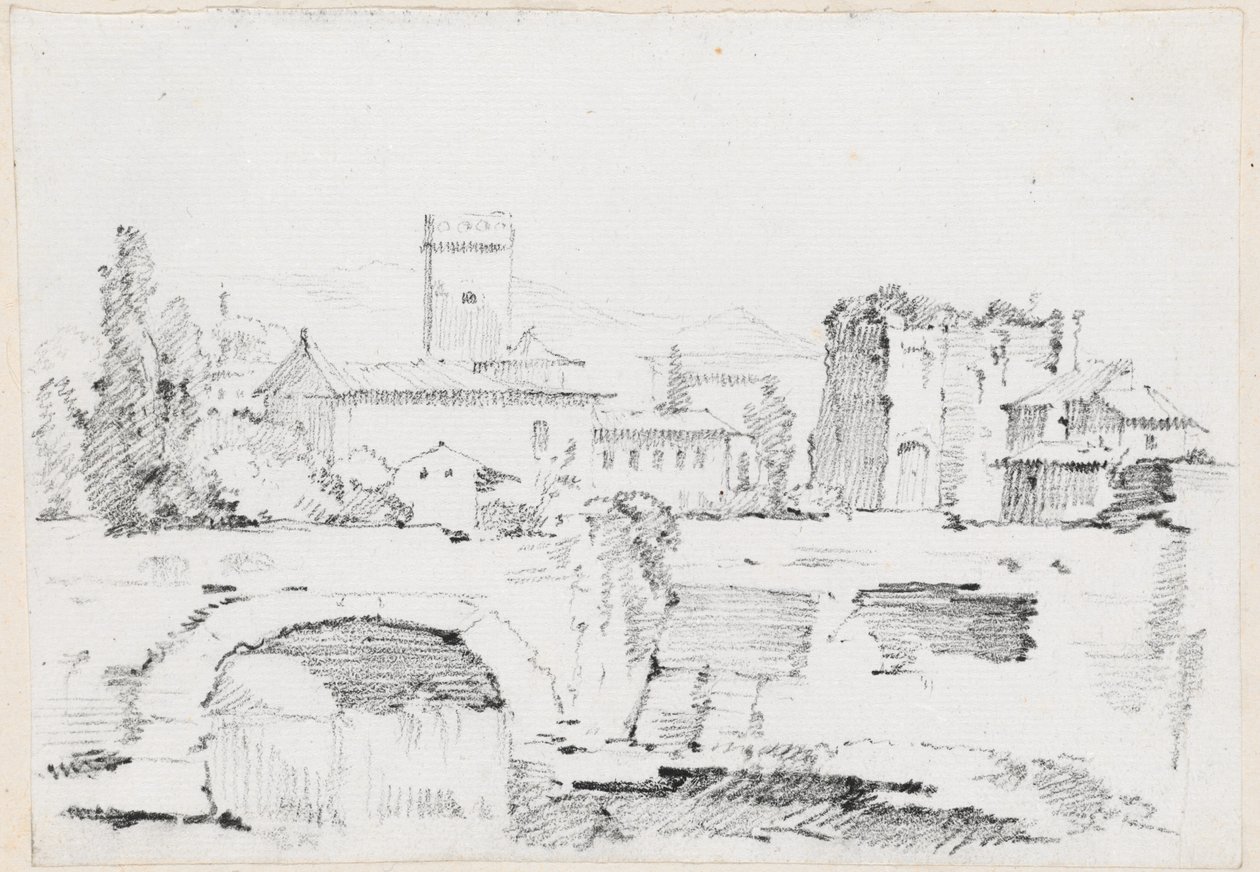 An Italian Town with a Stone Bridge and a Waterfall by Joseph Marie Vien