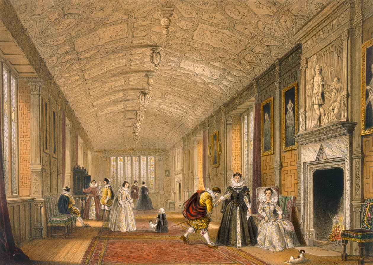 The Long Gallery at Lanhydrock, Cornwall, 1600, from Architecture of the Middle Ages, published 1838 by Joseph Nash