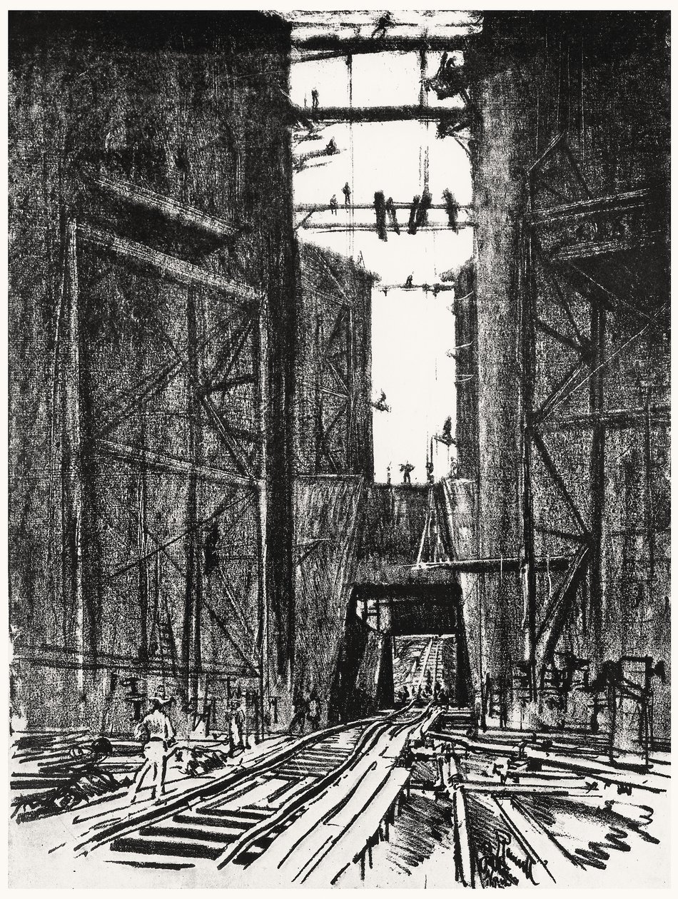 At the Bottom of the Gatun Lock, plate IV from The Panama Canal by Joseph Pennell, 1912 by Joseph Pennell