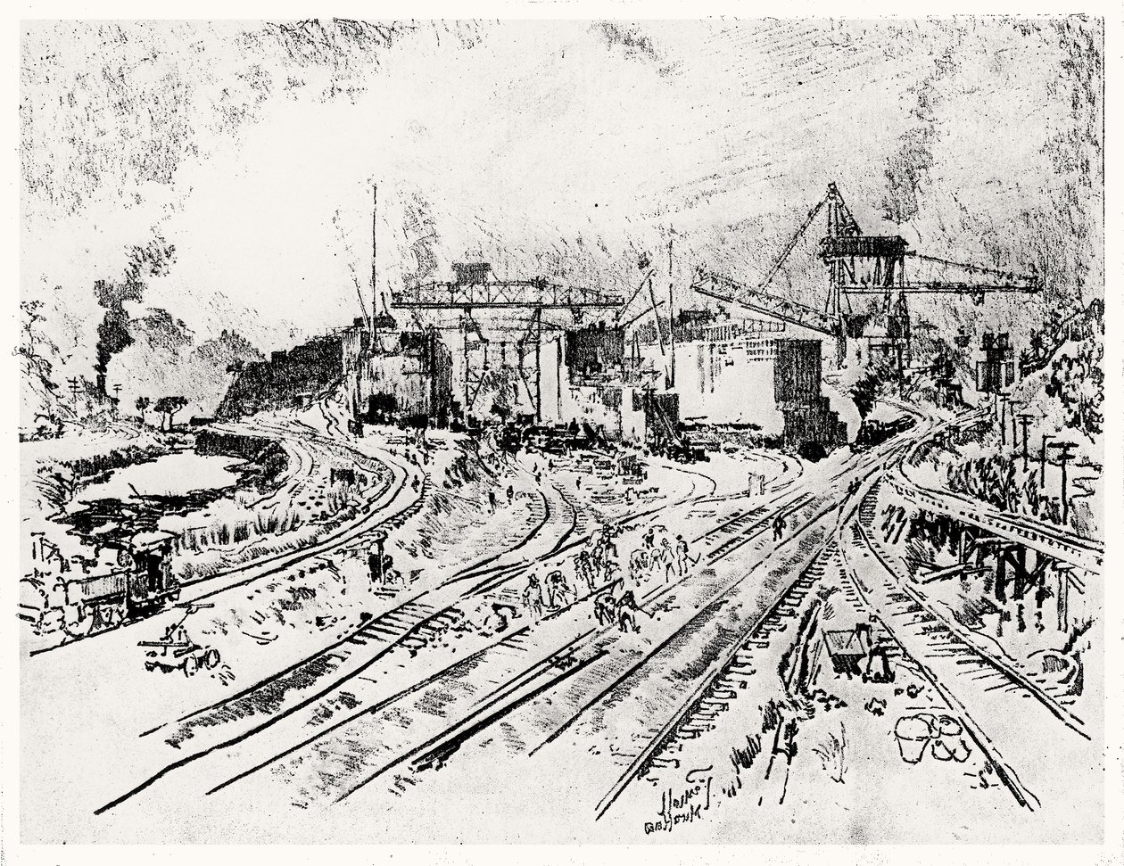 Building Miraflores Lock, plate XXI from The Panama Canal by Joseph Pennell by Joseph Pennell