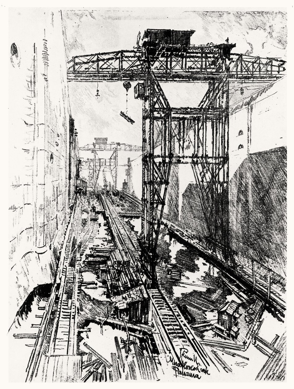 Cranes at the Miraflores Lock, plate XXII from The Panama Canal by Joseph Pennell by Joseph Pennell