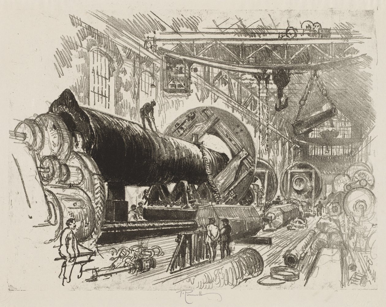 English War Work: Cutting and Turning a Big Gun by Joseph Pennell