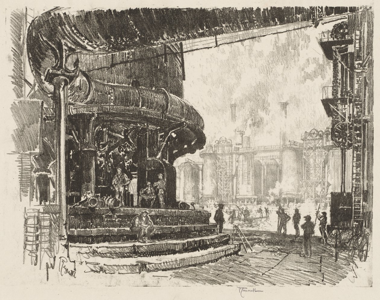English War Work: Making Pig Iron, The Base of the Blast Furnaces by Joseph Pennell