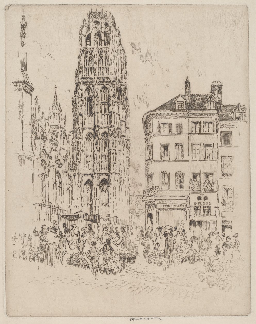 Flower Market and Butter Tower, Rouen by Joseph Pennell