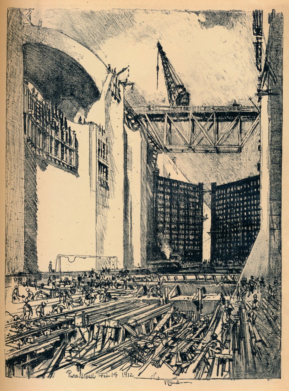 Laying The Floor of Pedro Miguel Lock, 1912 by Joseph Pennell