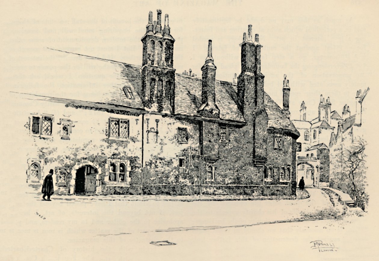 Old Charterhouse: Exterior Façade of Washhouse Court, with the Inner Gateway by Joseph Pennell