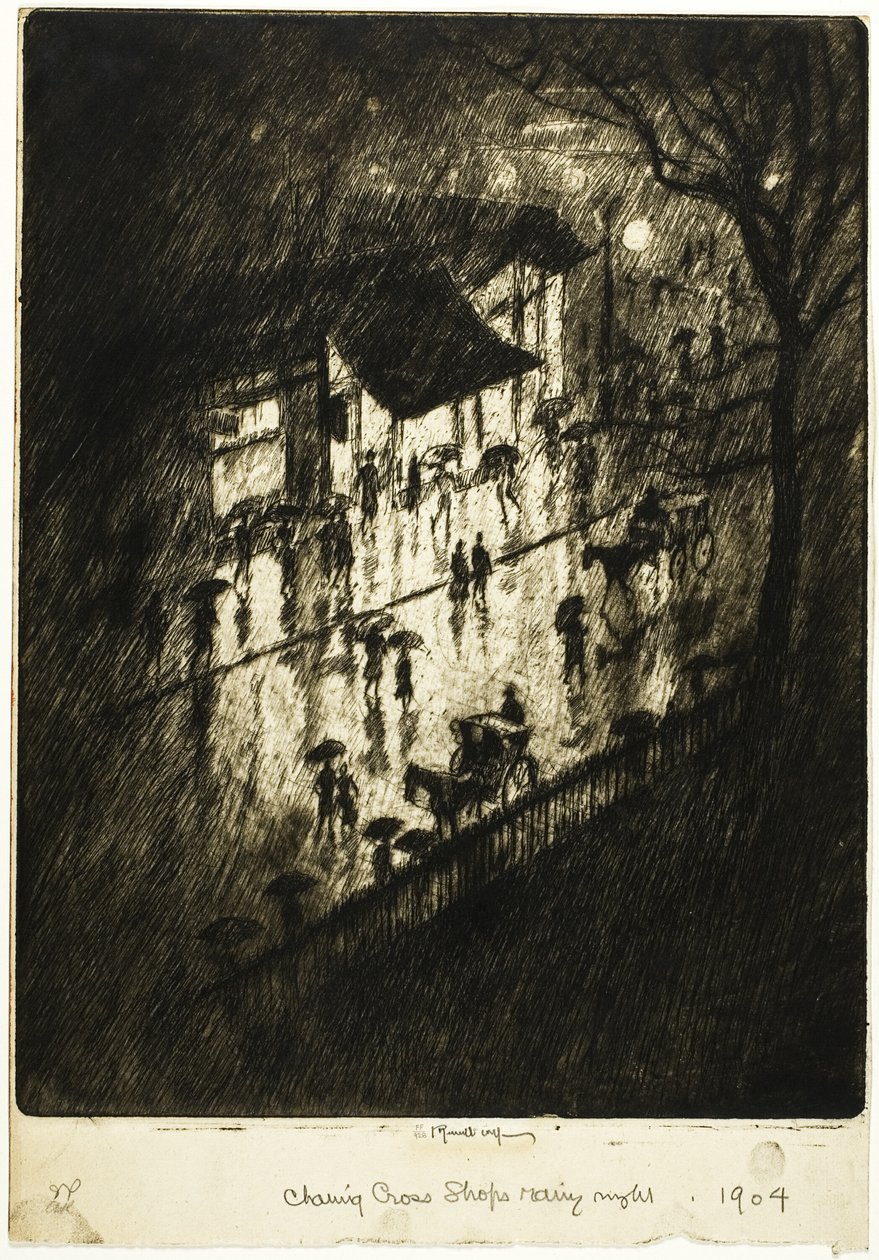 Rainy Night, Charing Cross Shops by Joseph Pennell