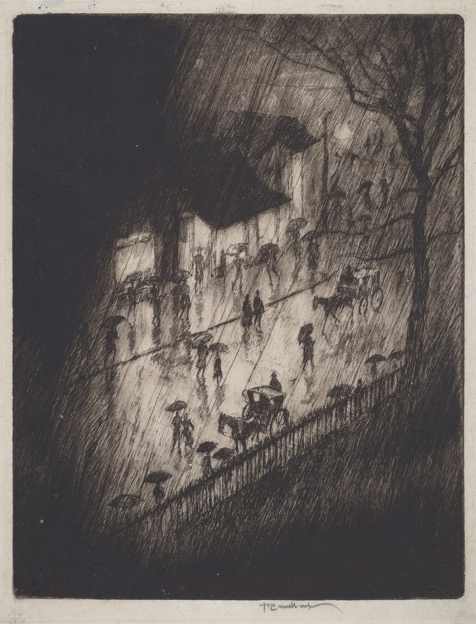 Rainy Night, Charing Cross Shops by Joseph Pennell