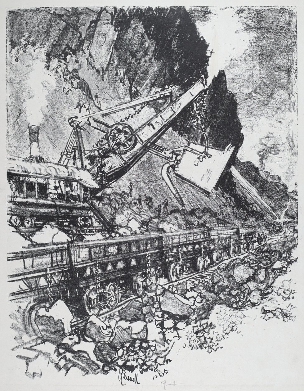 Steam Shovel in the Cut at Bas Obispo by Joseph Pennell