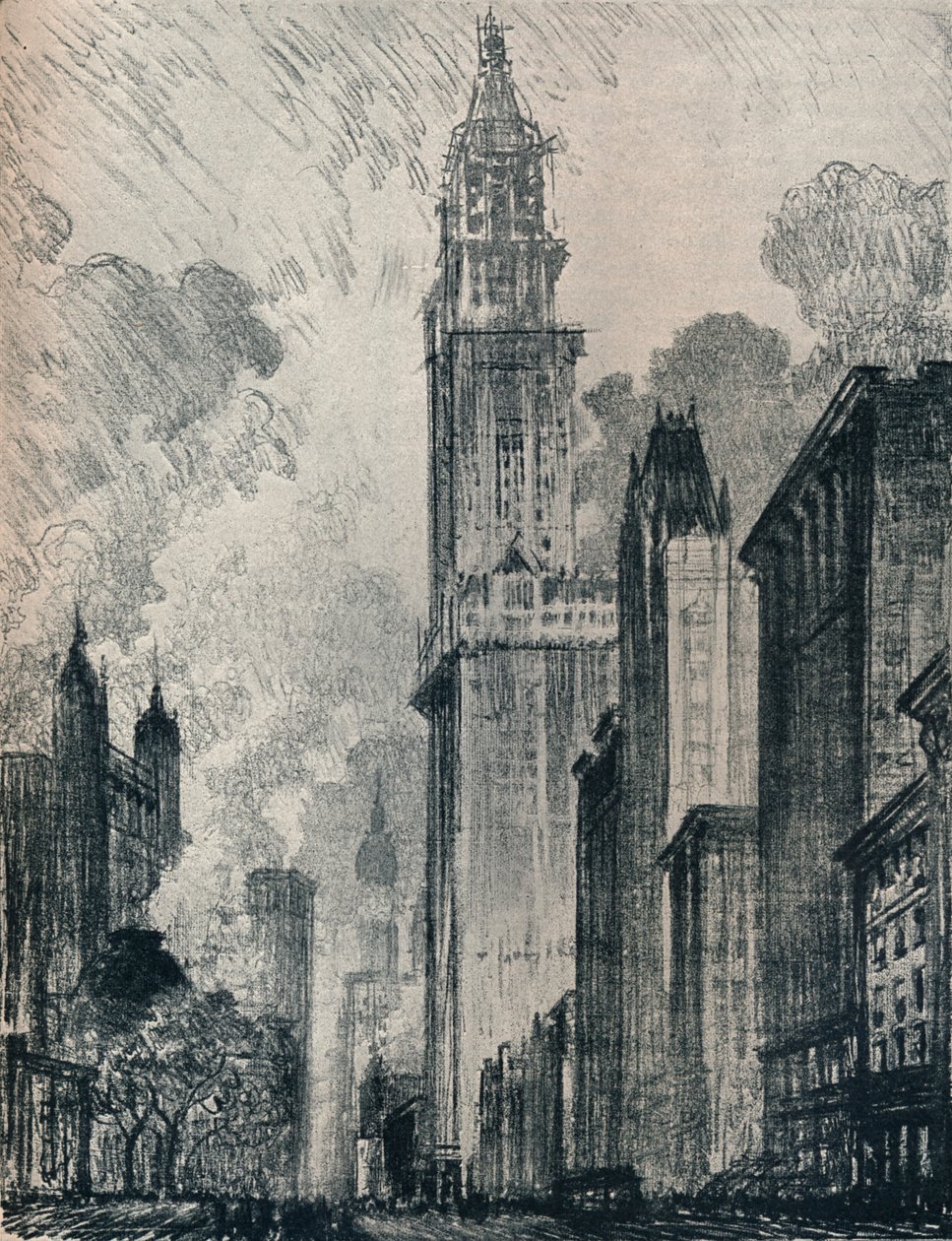 The Broadway and the Woolworth Building, New York by Joseph Pennell