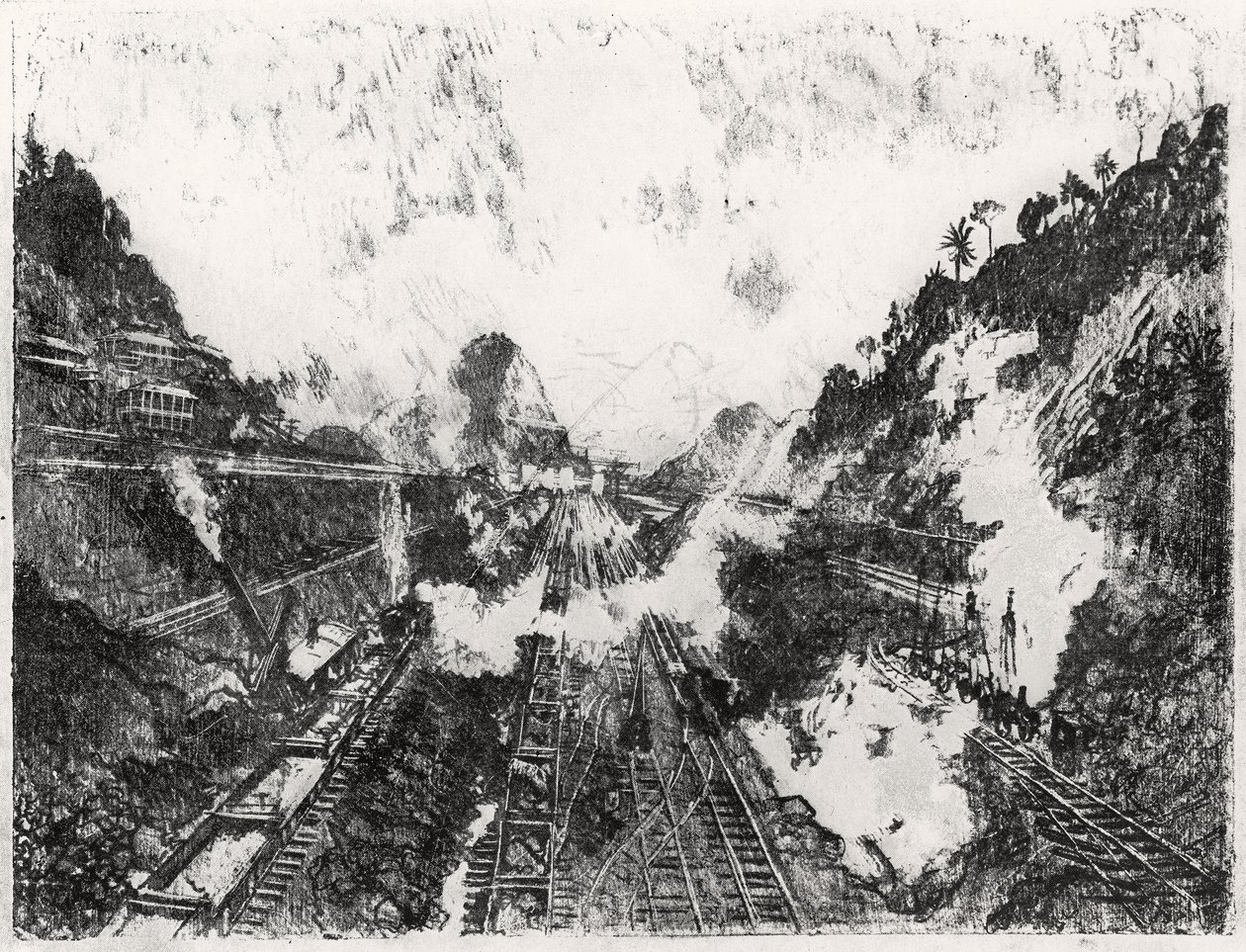 The Cut Looking towards Ancon Hill, plate XVII from The Panama Canal by Joseph Pennell by Joseph Pennell