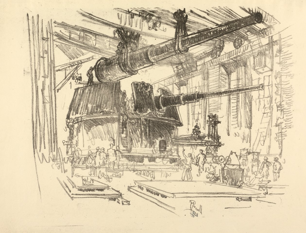 The English War Series: W. 448 Fitting Guns in Turrets by Joseph Pennell